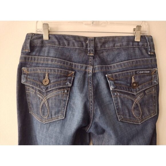 Calvin Klein Lean Bootcut Jeans Women's 8 Blue Mid Rise Stretch 33x32 Whiskered - Picture 3 of 16